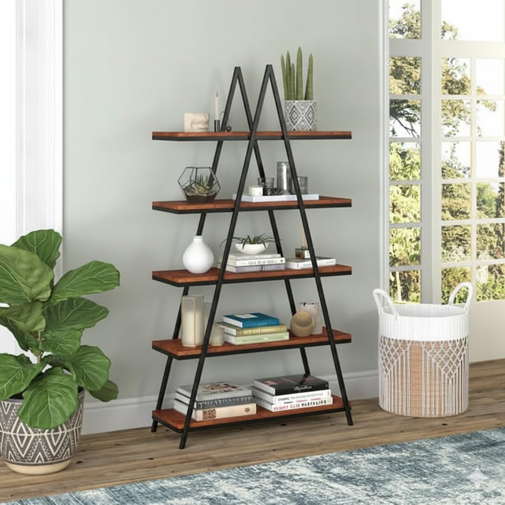 Triangle Shaped 5 Tier Wooden Bookshelf with Steel Base Multi-Purpose Display Rack for Living Room, Home Decor, Kitchen, and Showcase for Books-image-22