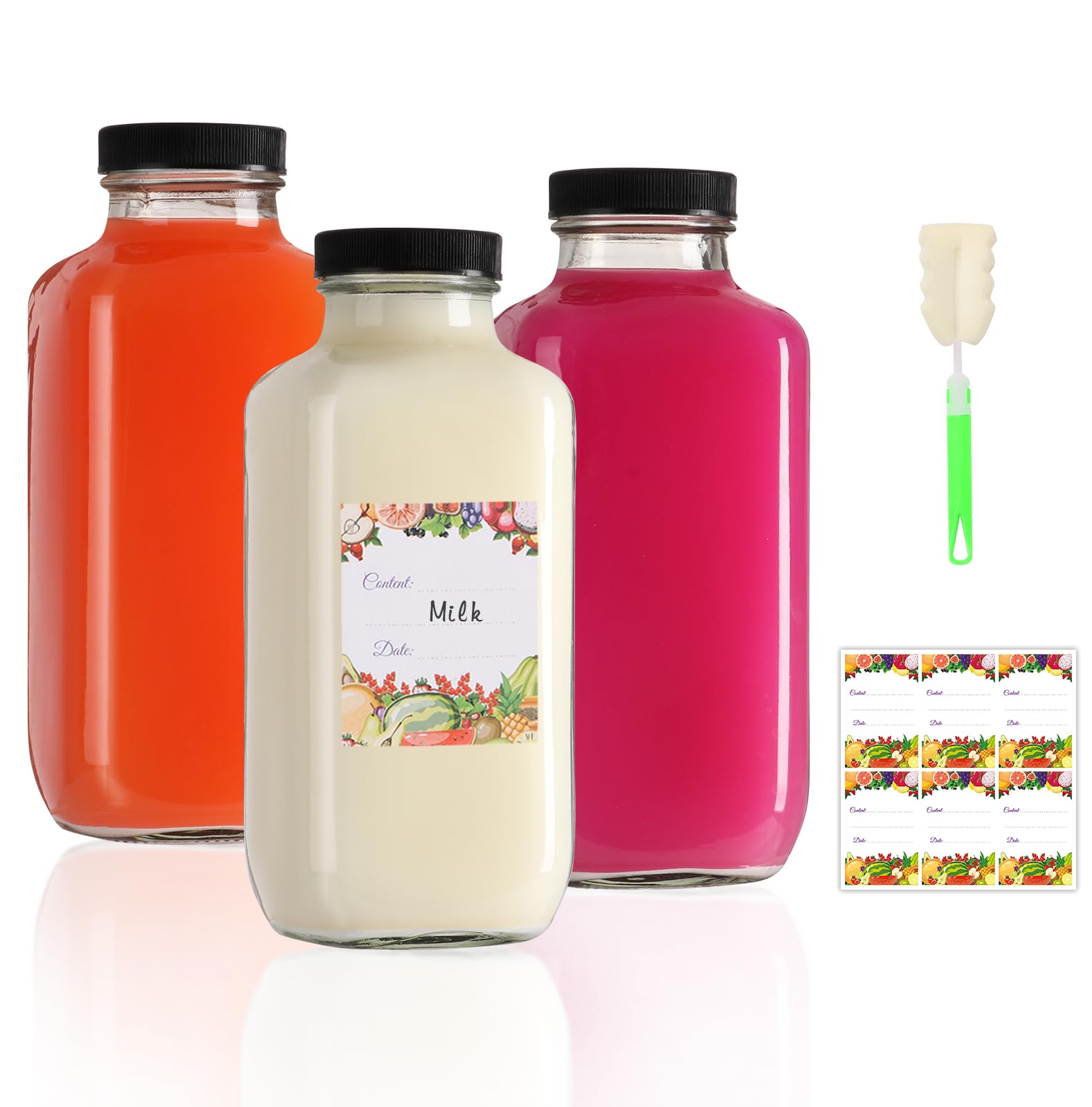 AuroTrends16 oz Glass Bottles with Lids 3Pack, 480ml Glass Bottles for Juicing, Water, Kombucha - Portable Glass Juicing Bottles Reusable Glass 16oz (16fl.oz, Set of 3)