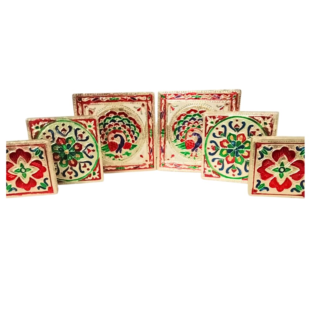 AANIJ Handicraft Meenakari Wooden Chowki Puja Bajot for Home & Office Decor for Puja Set 2 Set (6 Pcs) Multicolour - 3/3 inch, 4/4 inch, 5/5 inch, (Set 2)