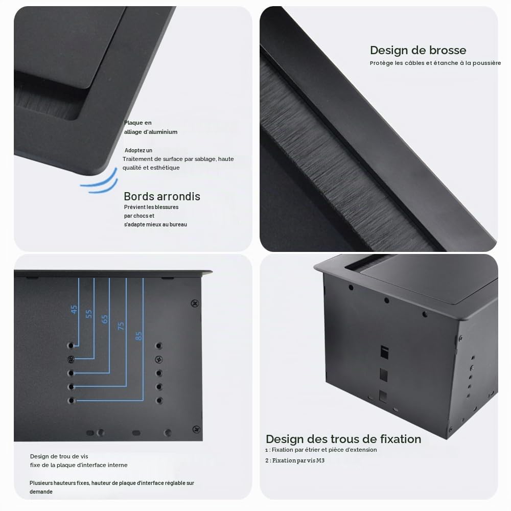 Prise de table, multiprise en aluminium encastrable pour table, 2 prises Schuko, 1 chargeur USB-A+C (PD 65W), 1 CAT6, 1 HDMI, 1 USB-C, 1 câble d'alimentation de 1,7m, 4 trous pour câbles, prise