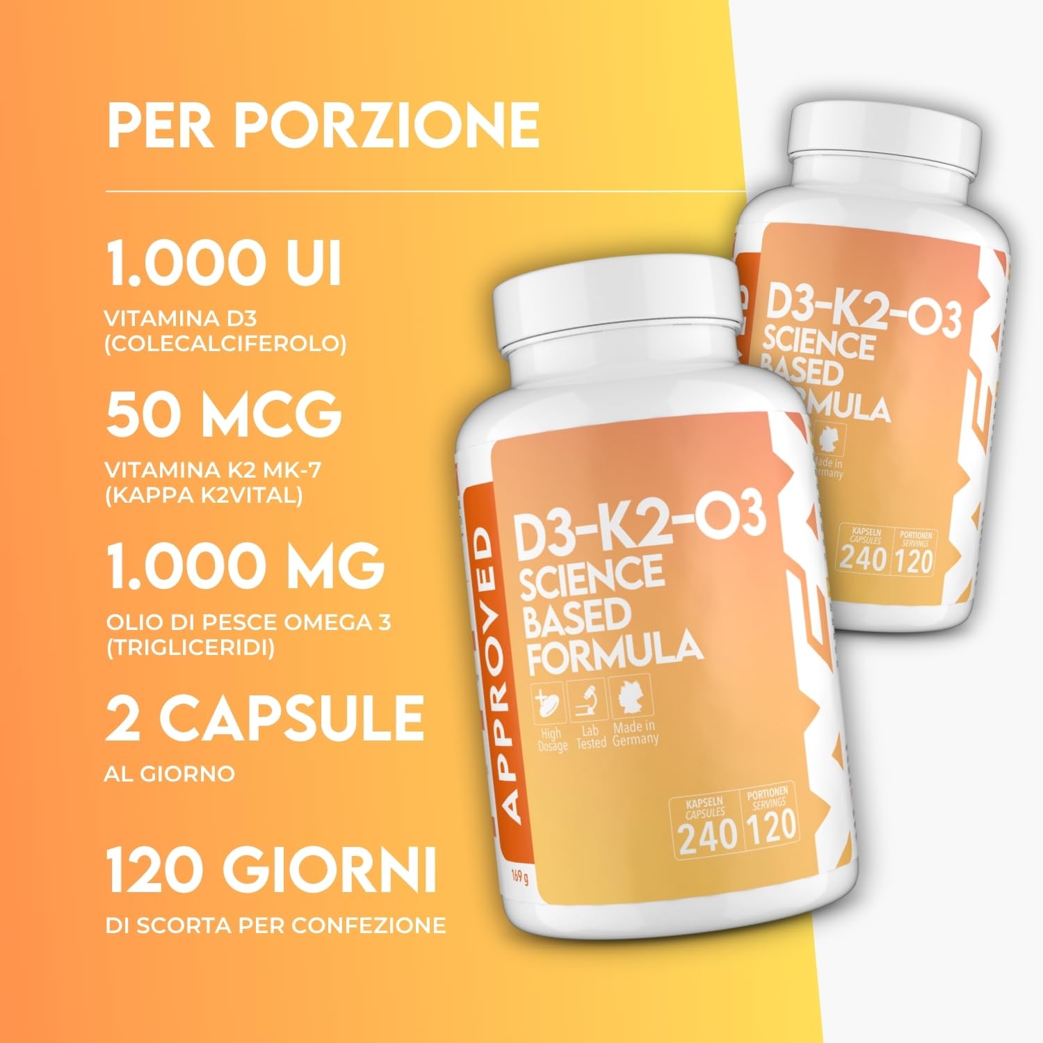 WFN Approved D3-K2-O3 - Vitamina D3 + K2 + Omega 3-240 capsule - Prodotto e testato in Germania