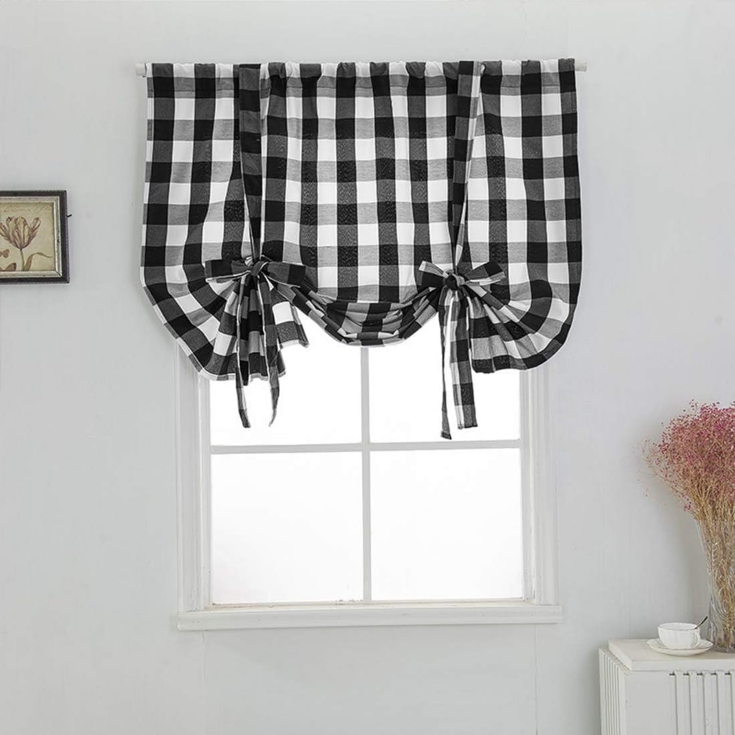 Easnea Buffalo Plaid Tie Up Curtains Farmhouse Curtain Valance Kitchen Window Curtain Shade Gingham Roman Shades Rod Pocket Balloon Kitchen Curtain Panels for Bathroom (Black, L)