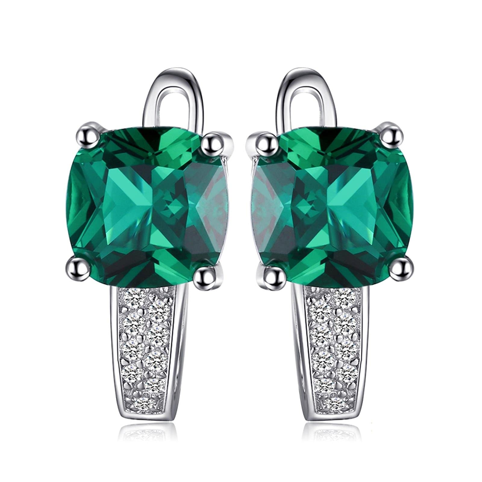 SALAN Pendientes De Clip De Plata De Ley 925 con Esmeralda Verde Simulada De Corte Cojín para Mujer Pendientes Huggie De Piedras Preciosas De Moda