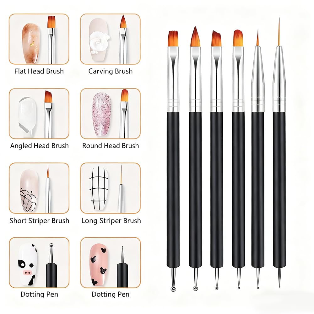 6-Piece Nail Art Brushes Double-Ended Manicure Tools Design Pen Set for Nail Care — view 3