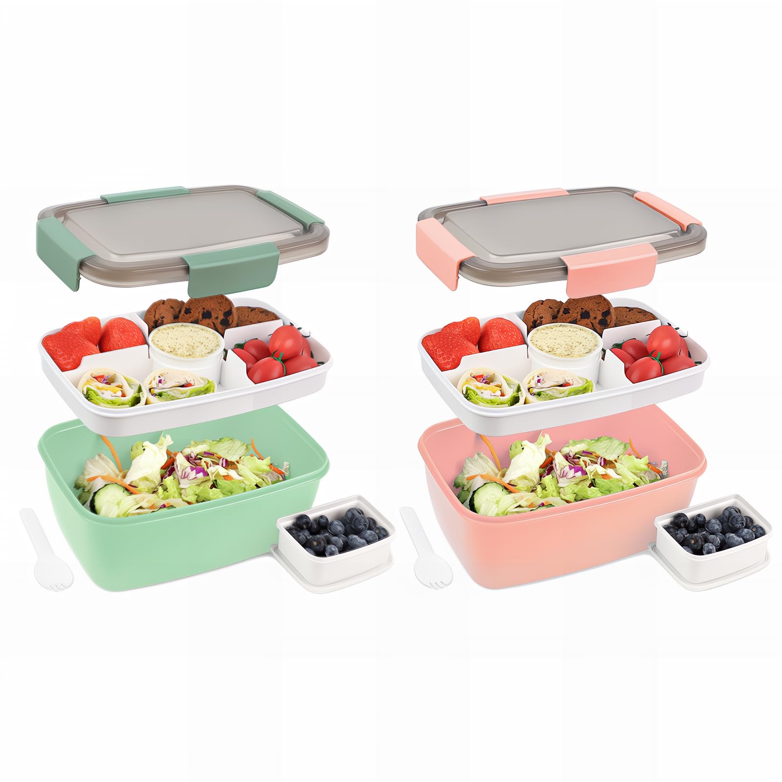 Bugucat Lot de 2 boîtes à déjeuner pour adulte - 2000 ml - Anti-fuite - Avec compartiments pour enfants - Boîte à salade à emporter avec fourchette - Pour l'école - Vert foncé + rose