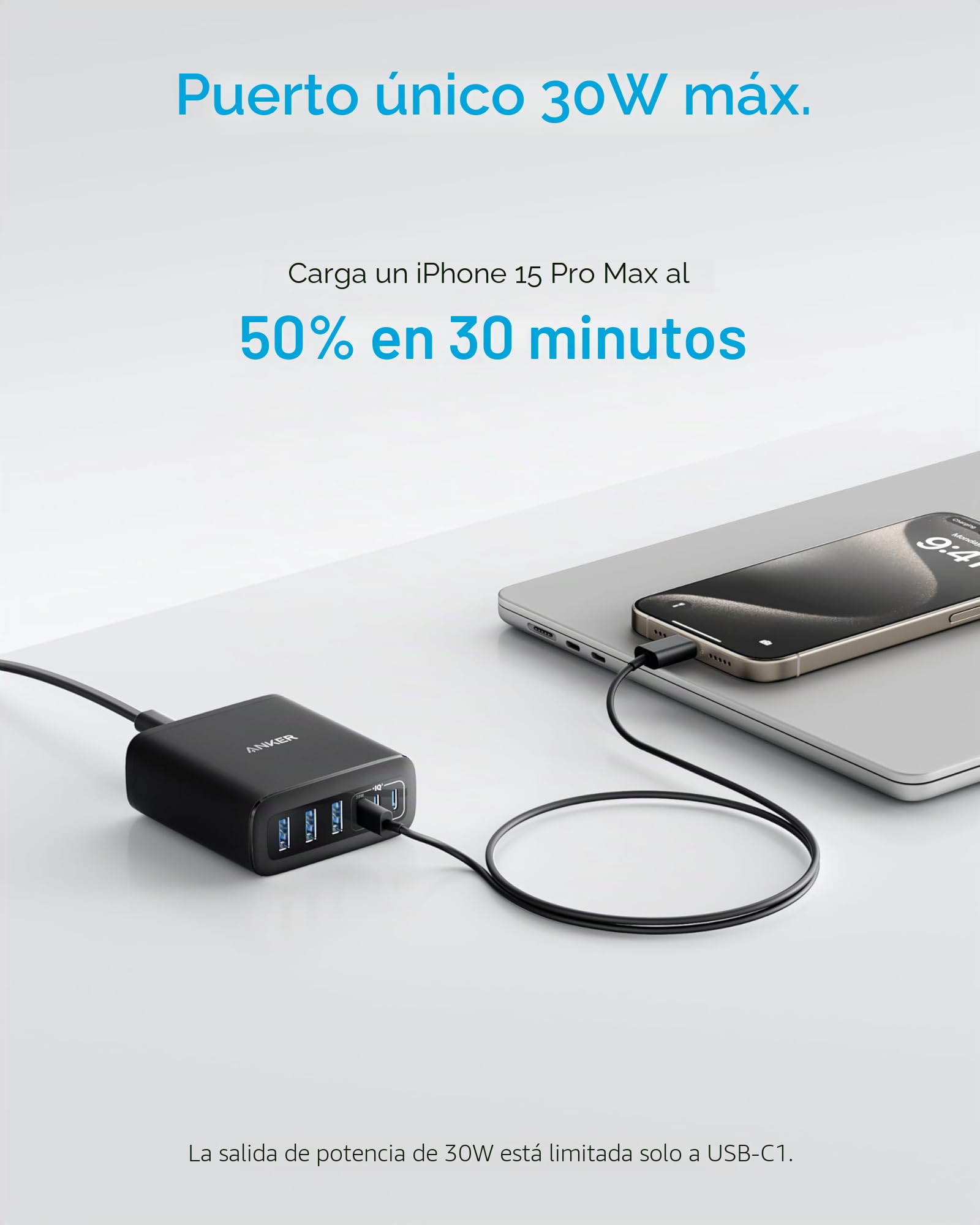 Anker Cargador USB-C, Estación de Carga de 6 Puertos con Salida de 112 W, para iPhone 16/16 Plus/16 Pro/16 Pro Max/15/14/13 Series, MacBook Air, Pixel, Galaxy, iPad y Más (Cable no Incluido)