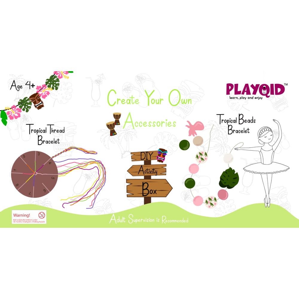 Playqid - DIY Tropical Charm Bracelet Making Kit for Kids Ages 4+ | Best Creativty Booster Exercise | Wooden Beads Craft Set to Make Hawaiian Accessories | Art & Craft Party Activity