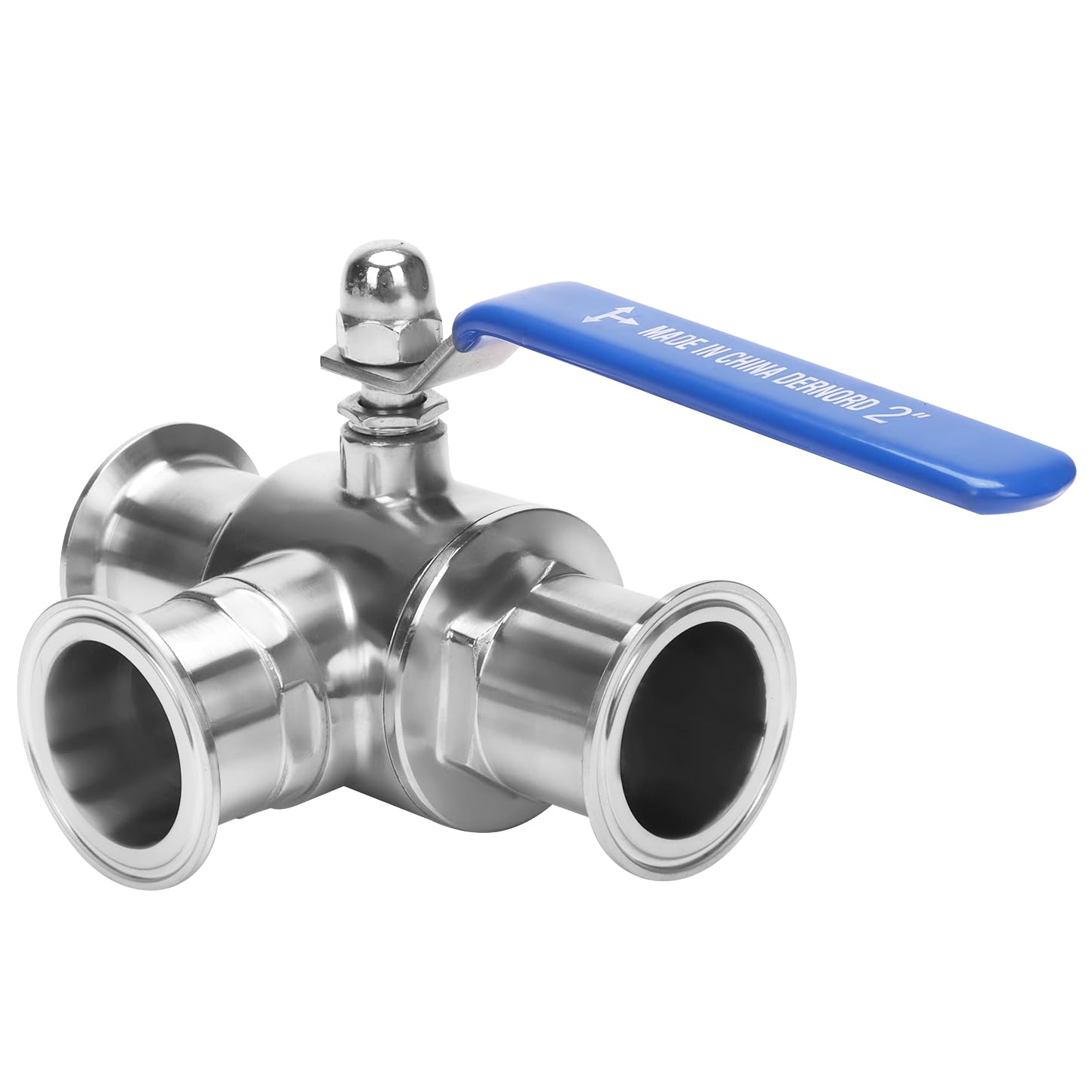 DERNORD Válvula de bola sanitaria de triple abrazadera de 2 pulgadas, válvula de bola de 3 vías, puerto en T, acero inoxidable 304, forrado de PTFE (tubo OD de 2 pulgadas)