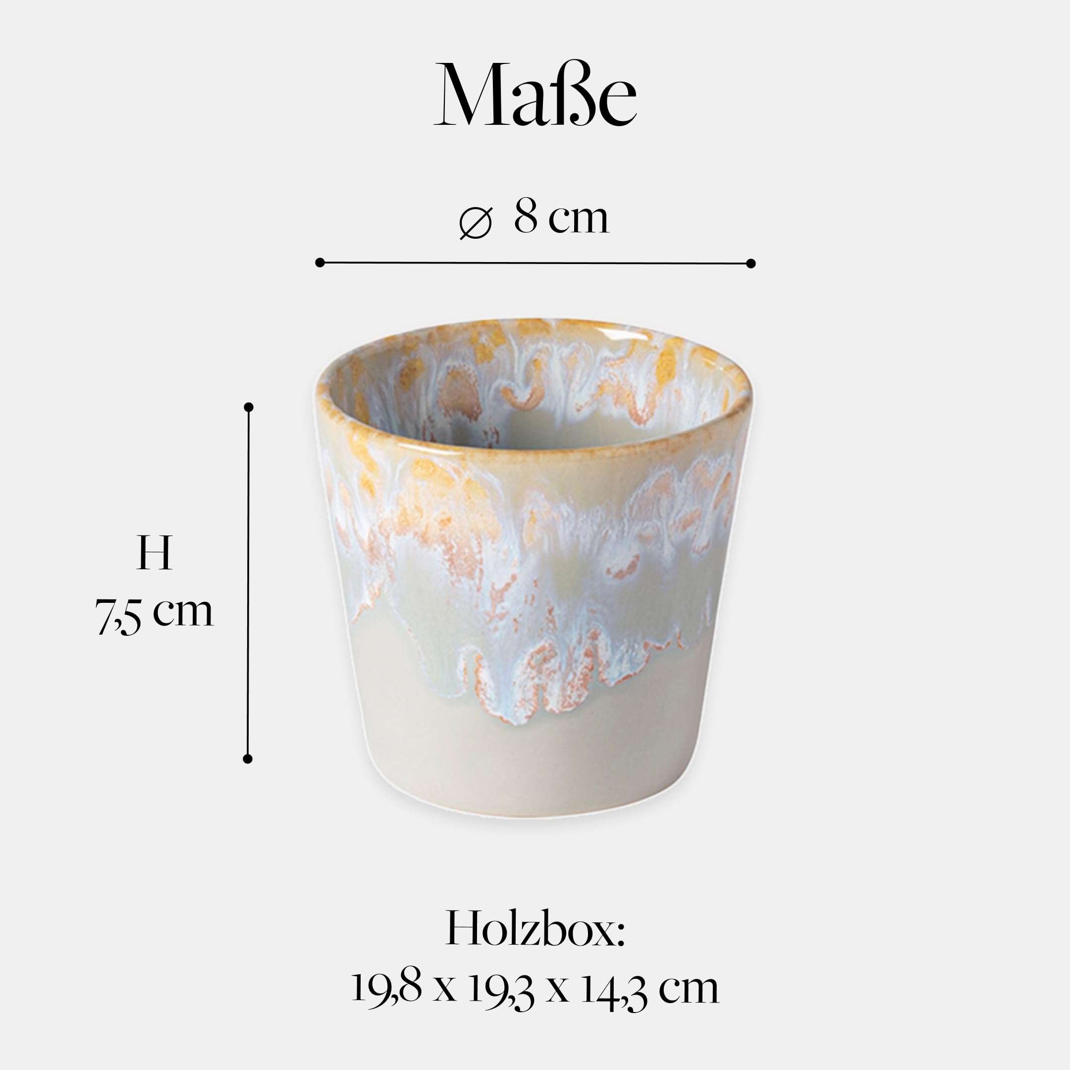 Costa Nova Geschenkset Grespresso: 8 Steinzeug-Tassen mit reaktiver Glasur, Handveredelt in Portugal, Stapelbare Lungo Becher in edler Holzbox, Spülmaschinenfest, Mehrfarbig, ⌀ 8 cm
