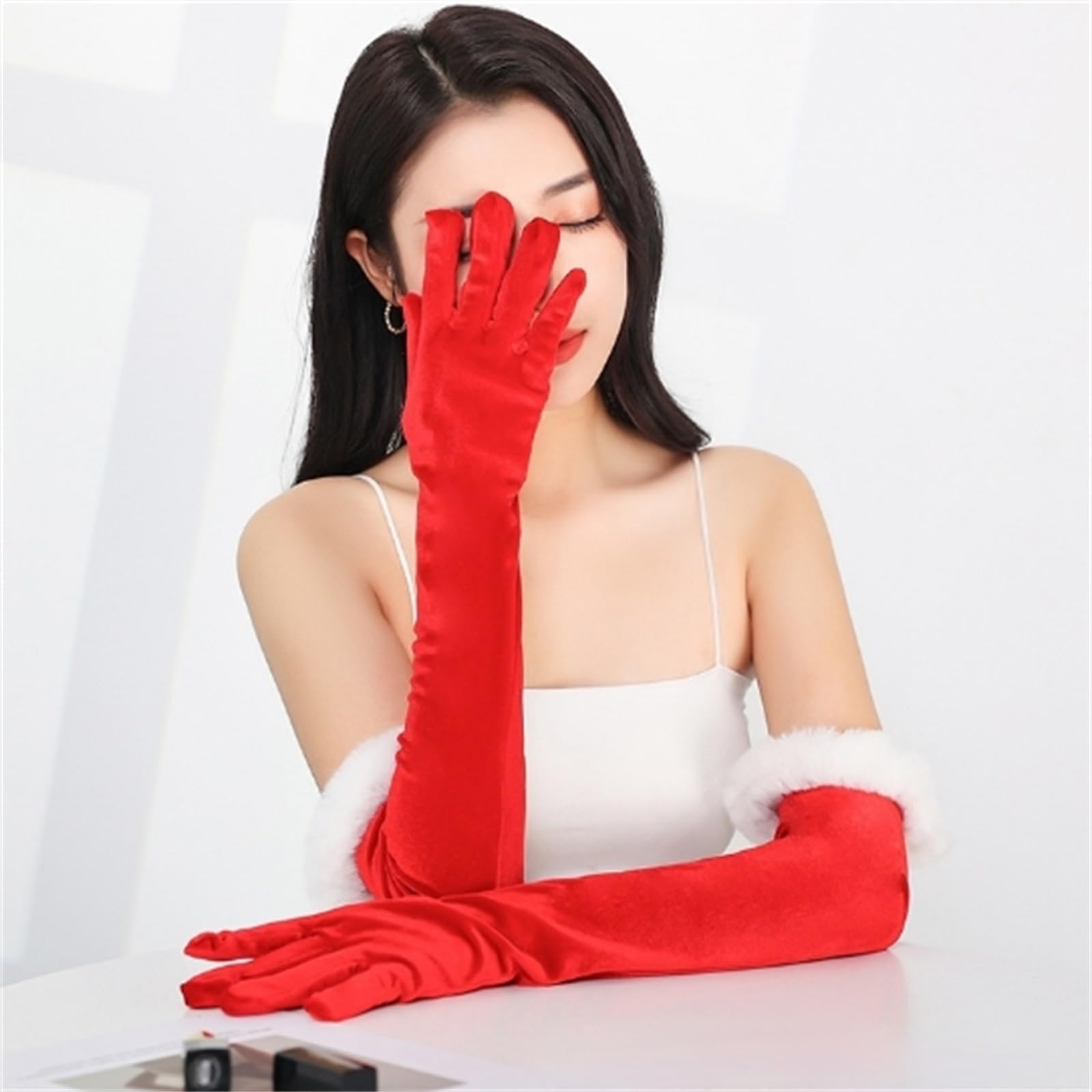 Golden Apple Christmas Women Long Gloves, Red Velvet Mittens with White Furry Fuzzy Trim for Evening Party Cosplay Wear - Image 2