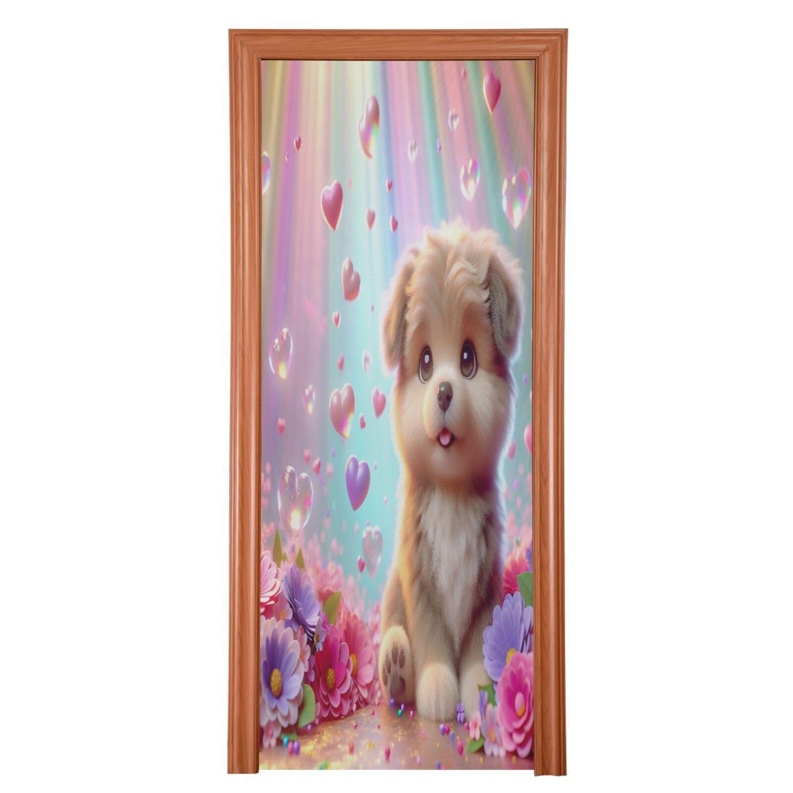 FLildon Cute Puppy in Rainbow Flowers Door Cover Decoration, Party Accessory Porch Decor for Festive Ornament Room Door Covers 35 x 79 Inch