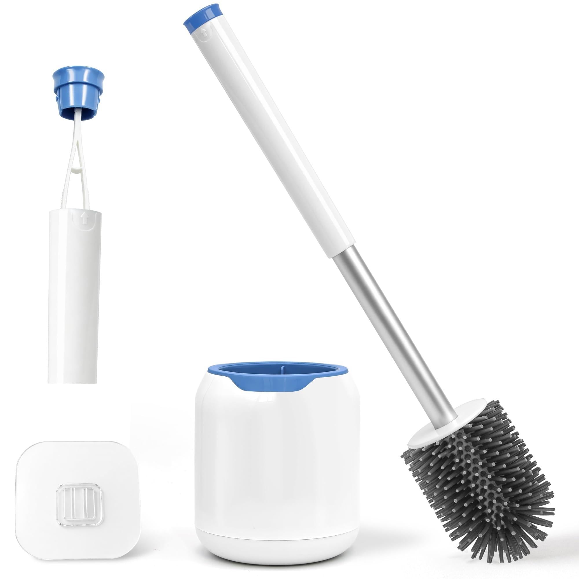 NEWE Silicone Toilet Brush with Holder Set, Aluminum Handle, Built-in Tweezers (Wh