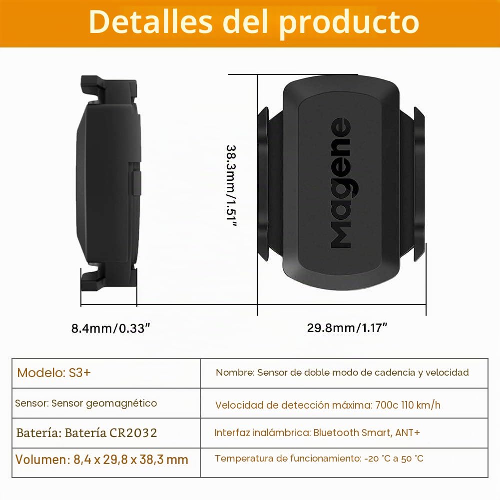 Magene S3+ Sensor de Velocidad/Cadencia para Ciclismo, Sensor Inalámbrico de RPM de Bicicleta Ant+/Bluetooth 4.0