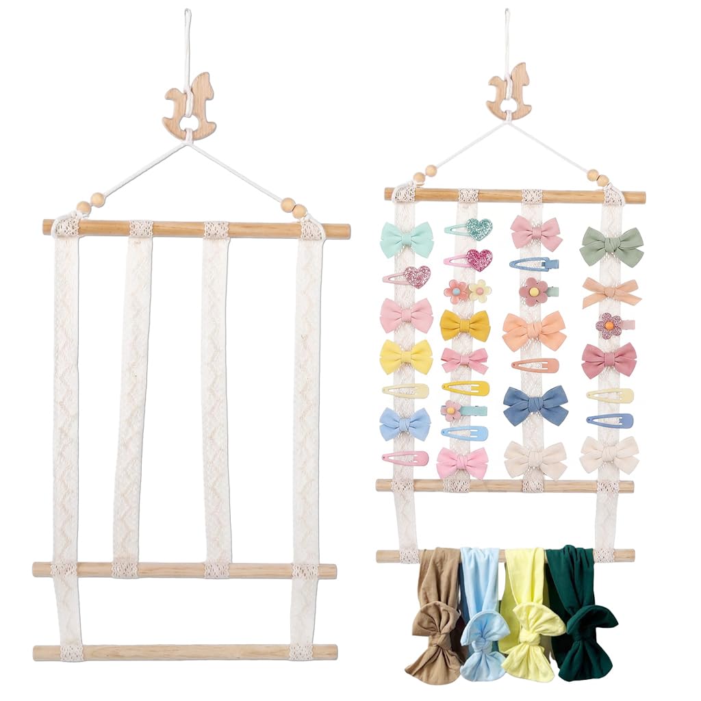 HASTHIP® Hair Clip Holder Organizer for Girls, Rocking Horse Wall Hanging Hair Bow Organizer with Lace Strips, Boho Nursery Hair Accessories Storage Display for Clips Barrettes Headbands-image-9