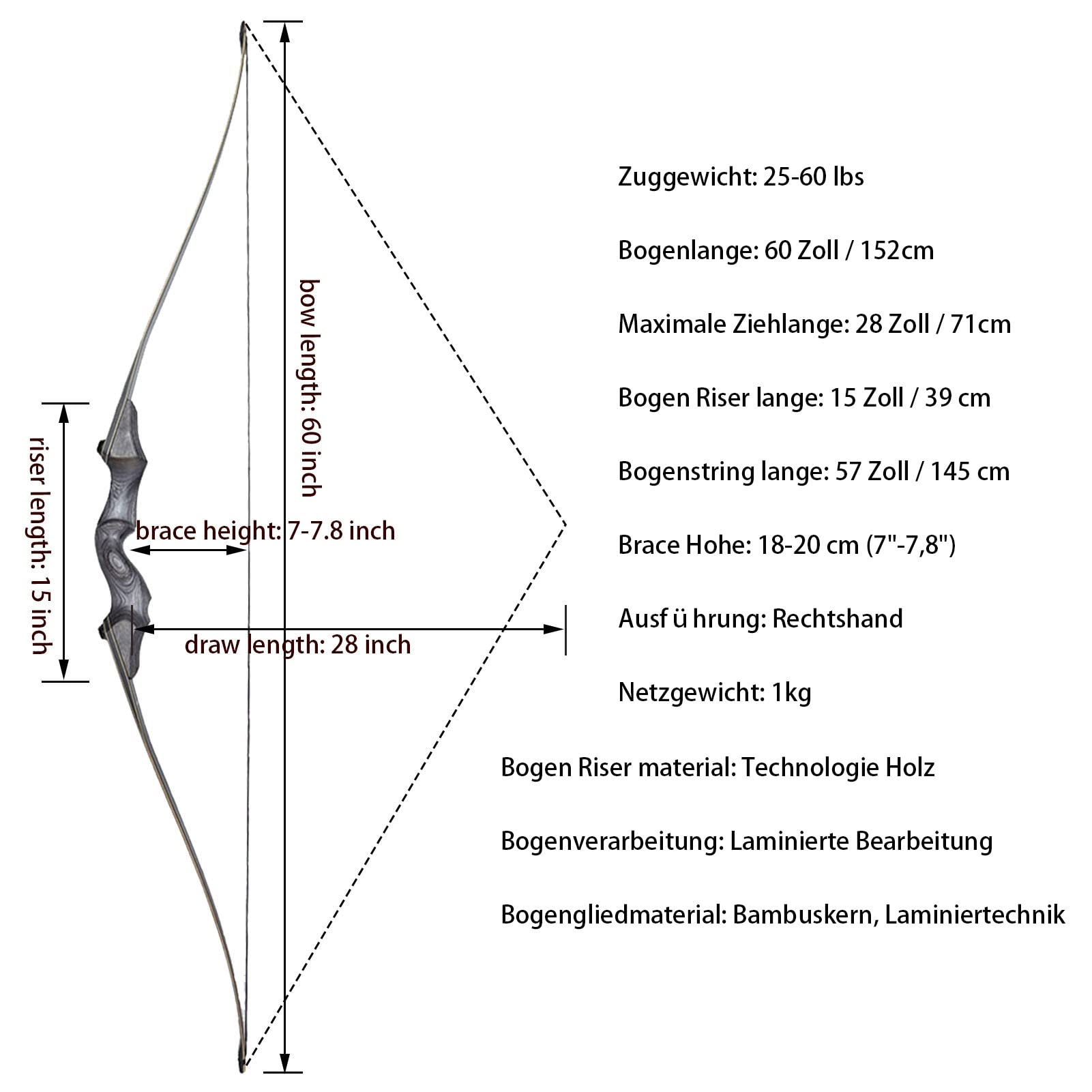 Obert 60 Zoll Bogenschießen Takedown Langbogen 25-60lbs Rechte Hand Jagdbogen Sportbogen Traditionell Holzbogen für Erwachsene (35lbs)