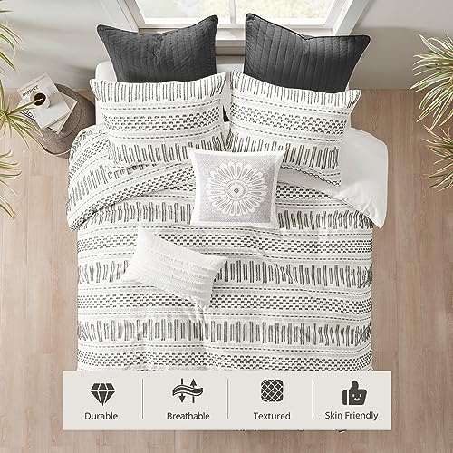 Image of INK+IVY Luxurious Cotton-Bedding Set - Mid Century Trendy Geometric Design, All Season Cozy-Cover With Matching-Shams, Full /Queen, Rhea Jacquard Ivory /Charcoal