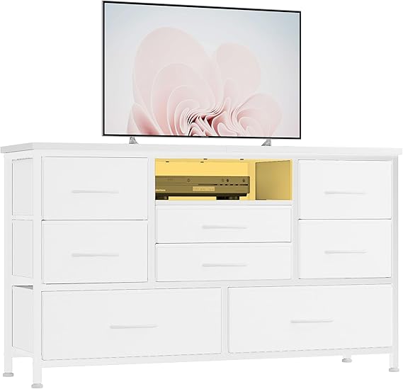 Jojoka 8 Dresser TV Stand with Power Outlet & LED for 55'' TV, Long Dresser for Bedroom with 8 Deep Drawers, Wide Console Table for Storage in Closet, Living Room, Entryway, Wood Top (White)