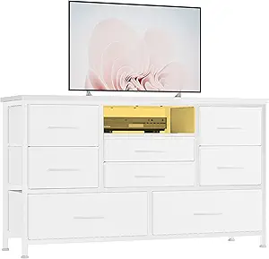 Jojoka 8 Dresser TV Stand with Power Outlet & LED for 55'' TV, Long Dresser for Bedroom with 8 Deep Drawers, Wide Console Table for Storage in Closet, Living Room, Entryway, Wood Top (White)