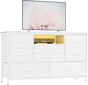 Jojoka 8 Dresser TV Stand with Power Outlet & LED for 55'' TV, Long Dresser for Bedroom with 8 Deep Drawers, Wide Console Table for Storage in Closet, Living Room, Entryway, Wood Top (White)