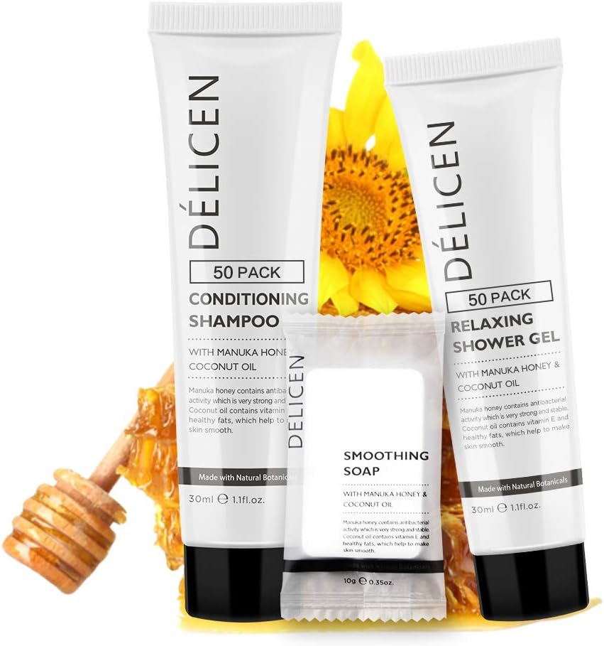 OPPEAL Delicen Manuka Honey Hotel Amenities | Rectangular Soap Bars, Conditioning Shampoo, Body wash 3-Piece Set | Clementine Scent | 150 Pcs Total