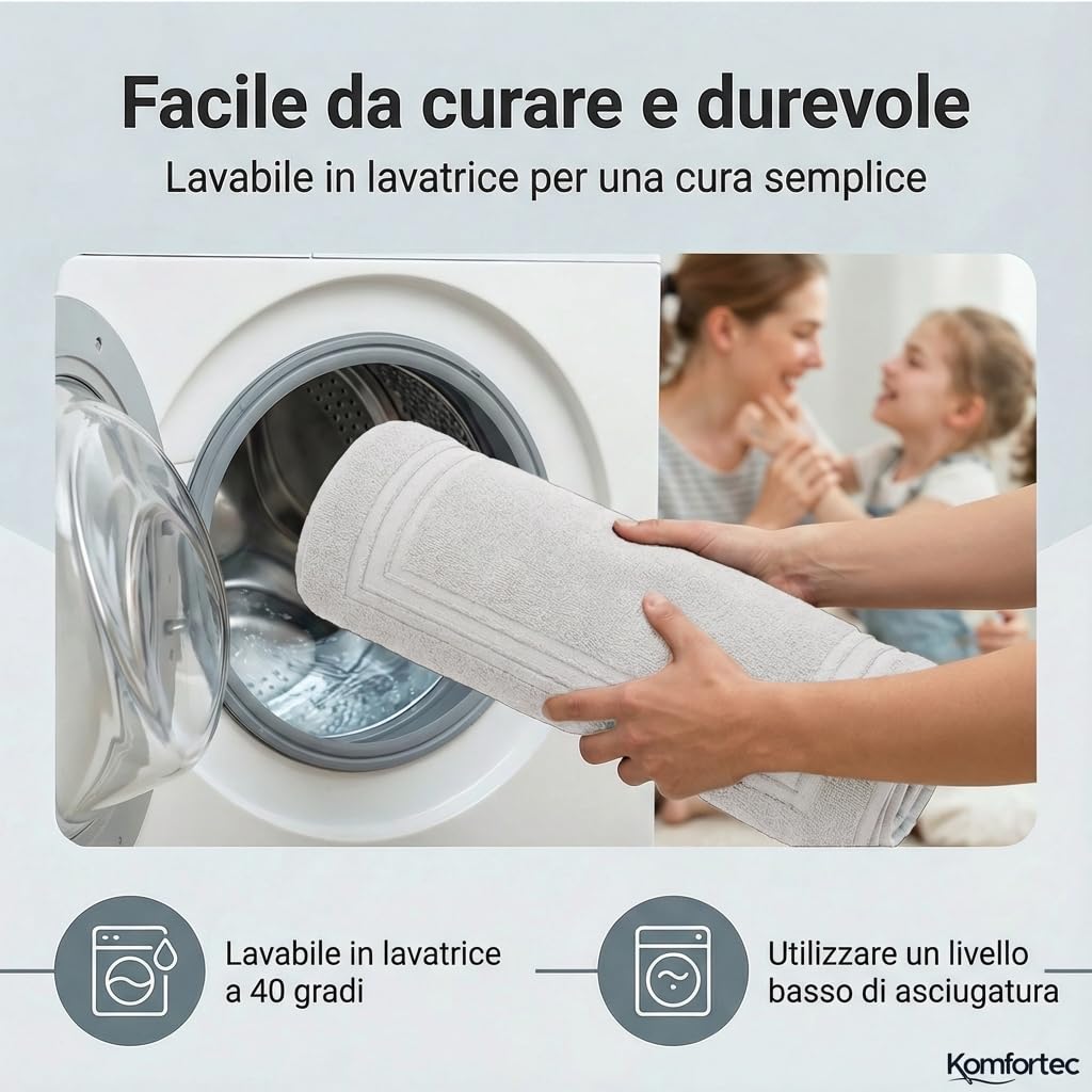 Komfortec - Set di 2 Tappetini da Bagno, Tappetini in Spugna per Doccia, Lavabili, Assorbenti e a Rapida Asciugatura – 600 g/m², 100% Cotone, 50x70 cm, Bianco - 4