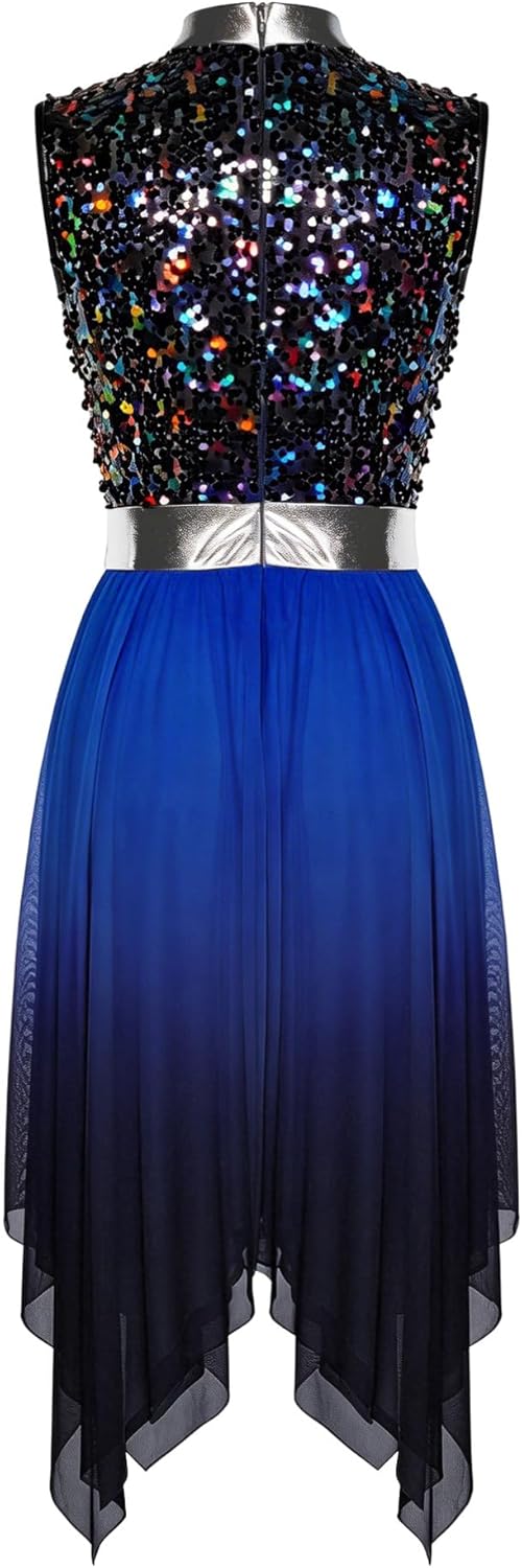 Aislor Women Glittery Sequin Praise Dance Dress Asymmetric Overlay Dress Liturgical Lyrical Dancewear