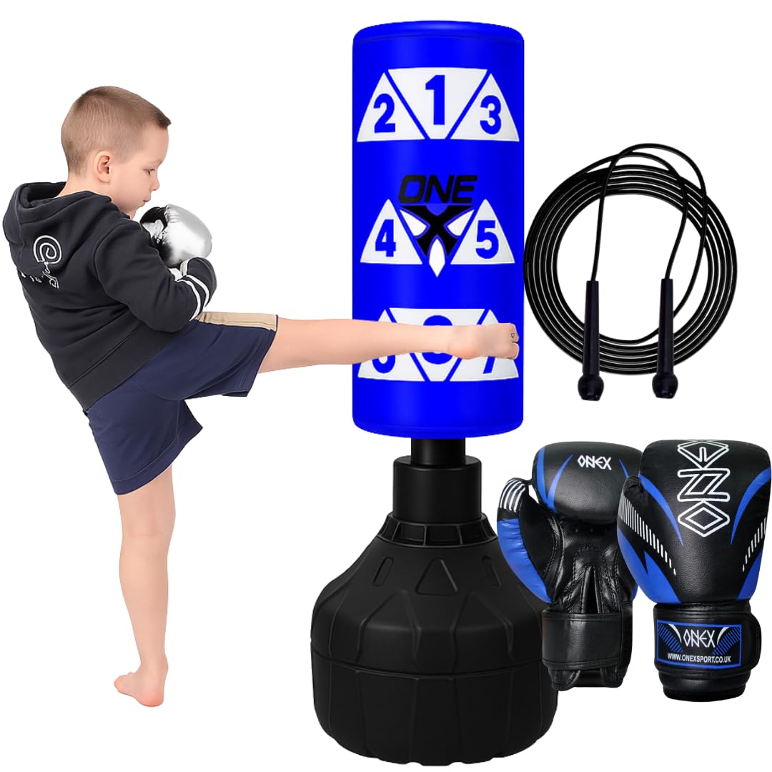 Onex Kids Punch Bag & Gloves Set – 3.5FT Free Standing Boxing Bag for Children Age 4–15 – Indoor/Outdoor Fitness, Training & Active Play