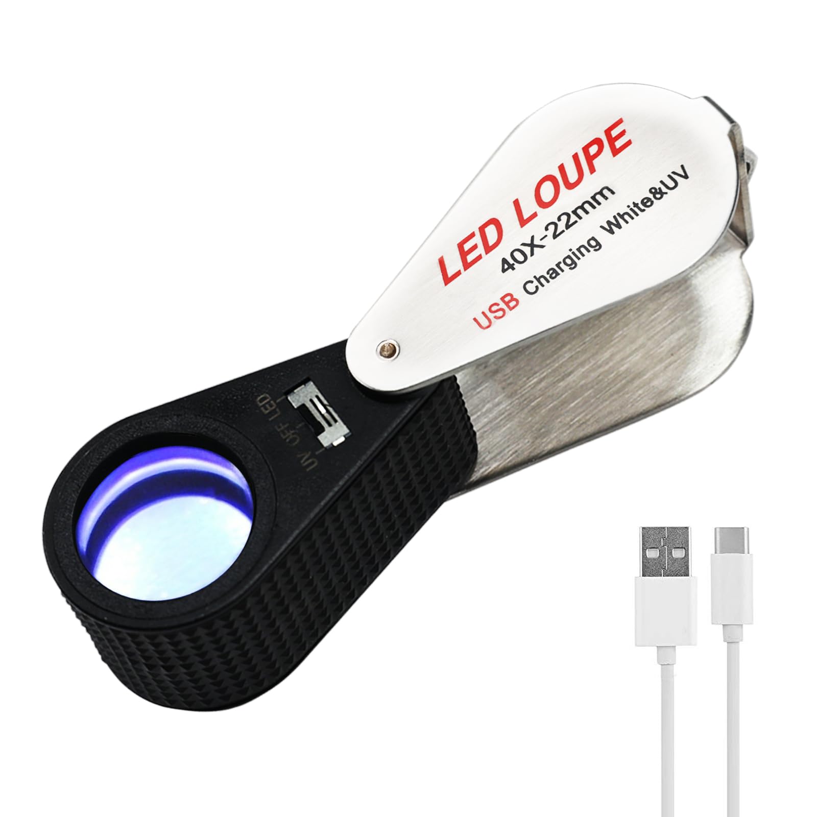 40x Rechargeable Jewellers Loupe Folding Eye Loupe Magnifier with LED and UV Lights, 22mm Optical Hand Lens LED Metal Jewellery Magnifying Glass for Diamond Gem Coin Stamp Currency Rock Identifying