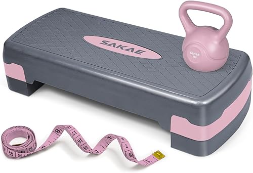 Juego de pasos aeróbicos de altura ajustable con 2 mancuernas y cinta métrica, plataforma de ejercicios de entrenamiento con elevadores de nivel, 4