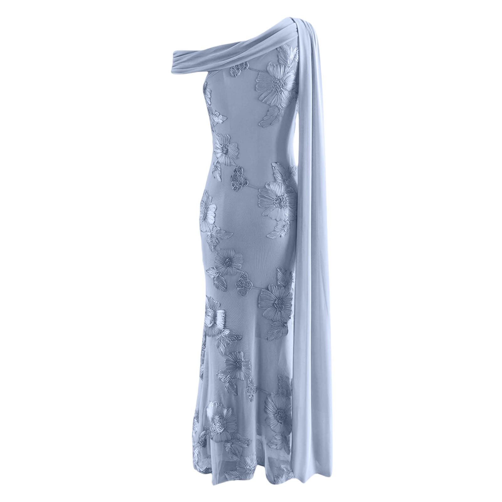 Generisch Elegante vestido de noche en color liso con estampado floral escultórico, hombros asimétricos y faja extraíble