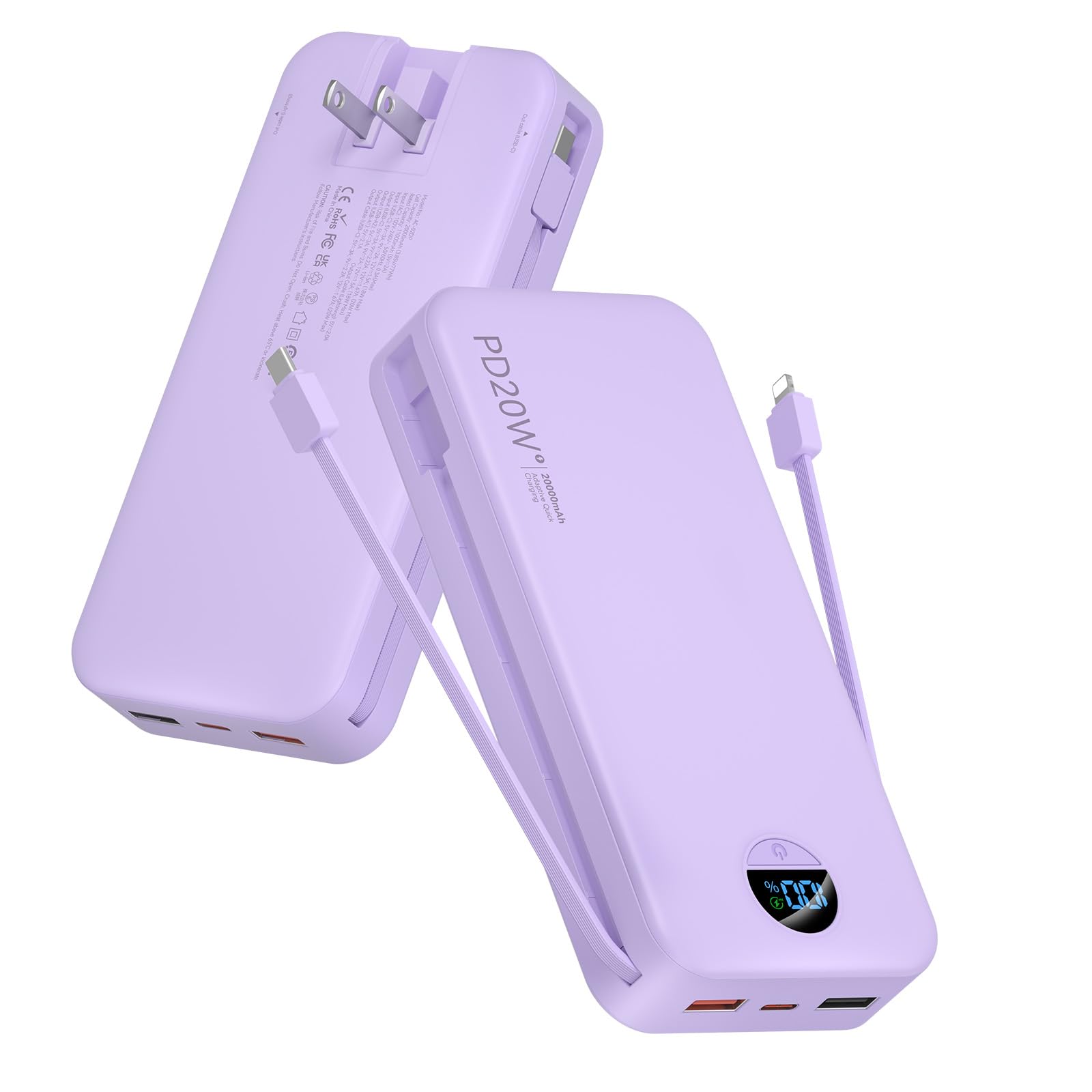 citicr Portable Charger 20000mAh PD20W w/Built-in Cables &amp; Wall Plug Purple