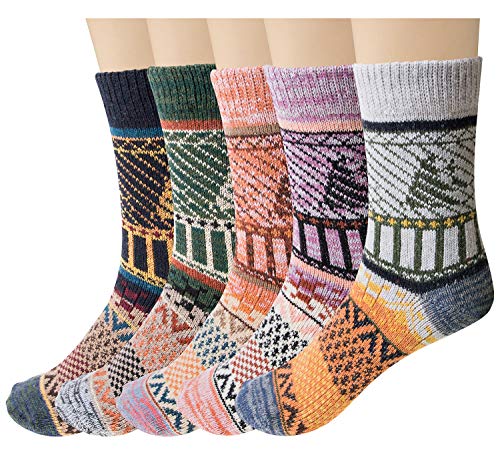 Justay Wolsokken voor dames, 5 paar, ademende thermosokken, zachte dikke gebreide sokken, warme wintersokken, dames, bonte kleur limouregulerend, herbruikbaar