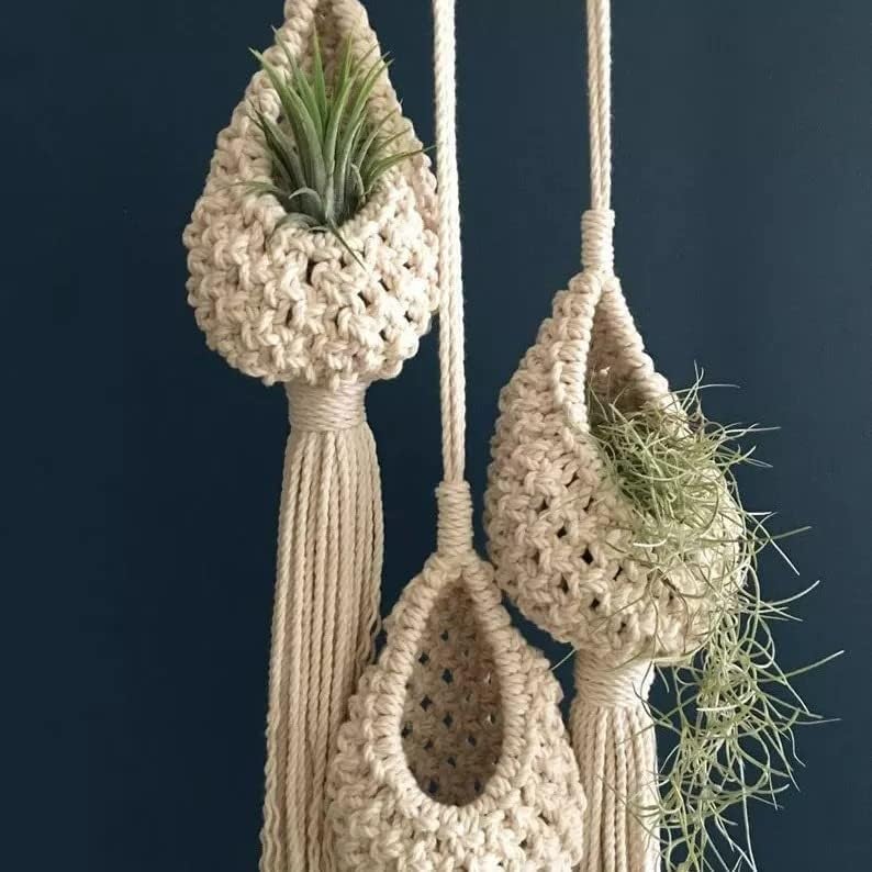 Lachicraft Bohemian Macrame Plant Hangers Indoor Flower Pot Holder Rope Hanging Planter Basket for Wall Home Decor, Off-White, Pack of 3, Style-A-04-image-5