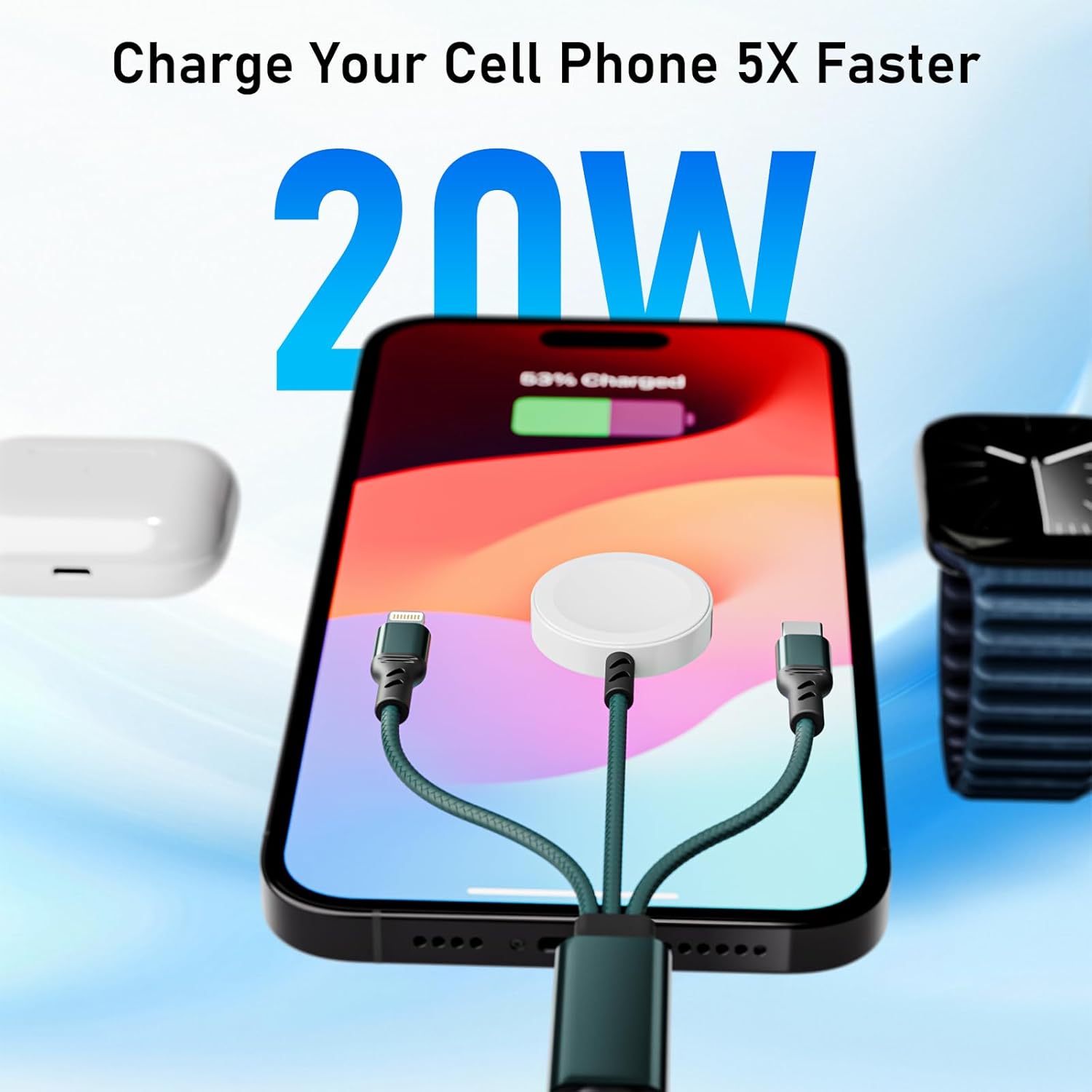 Charge Up Anywhere: The Ultimate 3-in-2 Multi Charging Cable for Apple Watch and iPhone