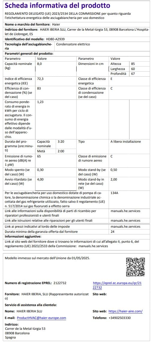 Haier I-Pro Serie 3, Asciugatrice 9 KG, Libera Installazione, Classe A ++, Vapore, Partenza Ritardata, I-Time, Bianco, AxLxP 85x59,5x66,5 cm - HD80-A2939-S