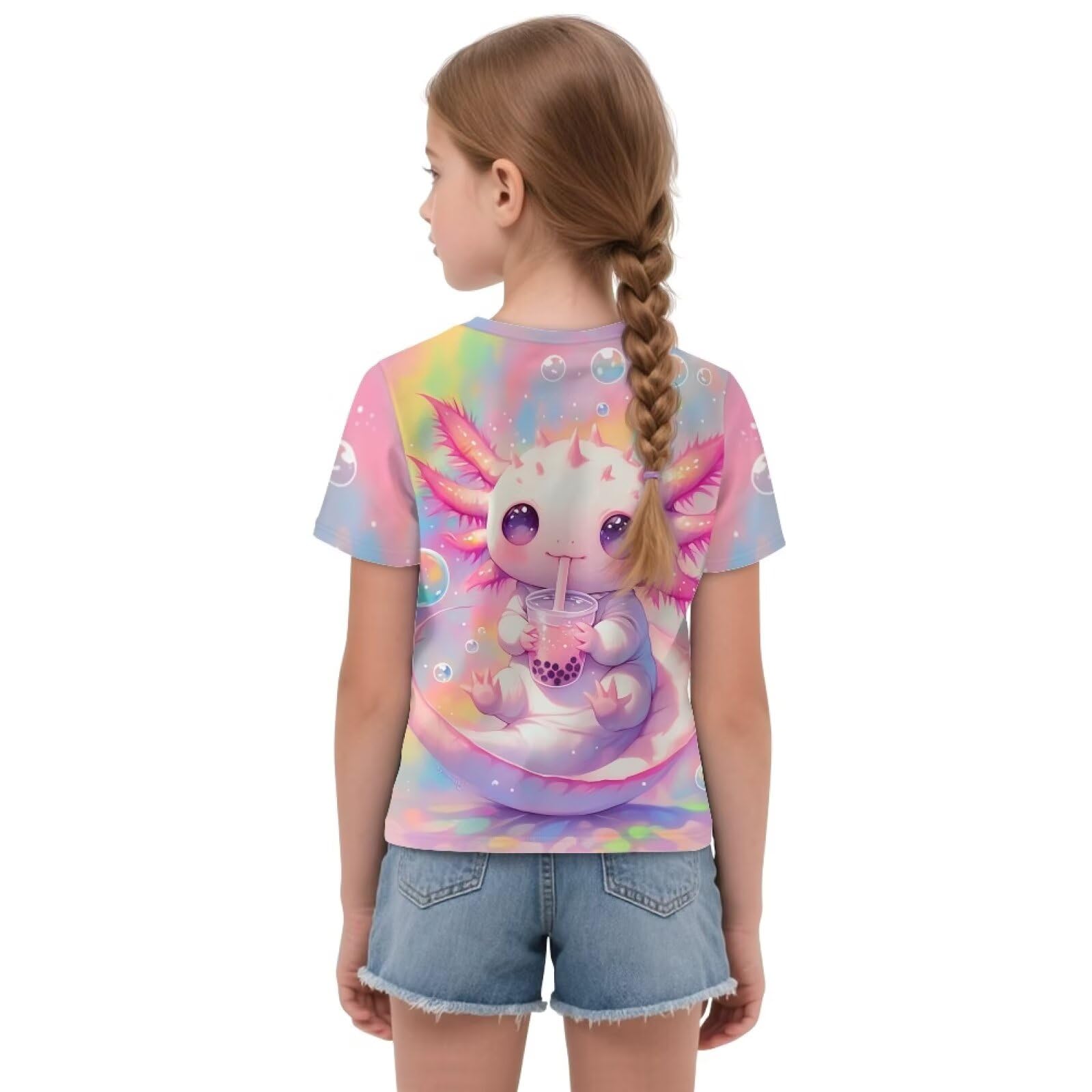 Viewamoon Cute Axolotl Tee Shirt for Girls 5-6 Bubble Tea Short Sleeve Regular Fit Trendy Tie Front Knot Design Tee Shirts Blouses Tops for Outdoor Activities
