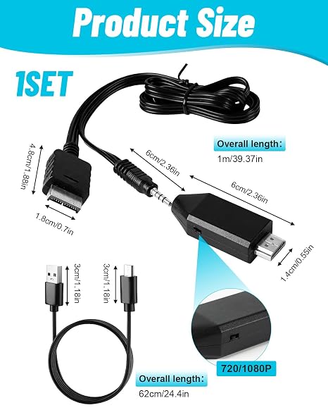 PS1/PS2 to HDMI Adapter Cable, PS1/PS2 to HDMI Converter, Support PS1/PS2 Games Consoles and Projector Monitor TV Multimedia HD Connection 720P/1080P Output Multifunctional PS2 HDMI Adapter Cable Link