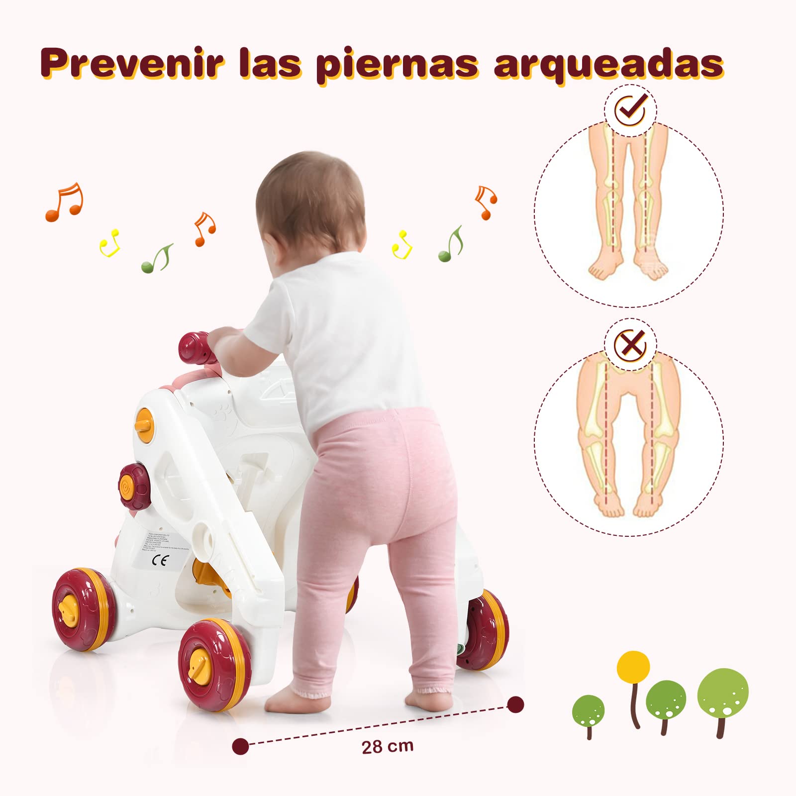 COSTWAY 3 en 1 Andador Bebes, Andador para Bebé con Música,Luces y Ruedas Antideslizantes,Caminador Correpasillo con Tablero de Juguete para Bebé de 6-36 Meses, 56 x 46 x 46 cm (Rosa oscuro)