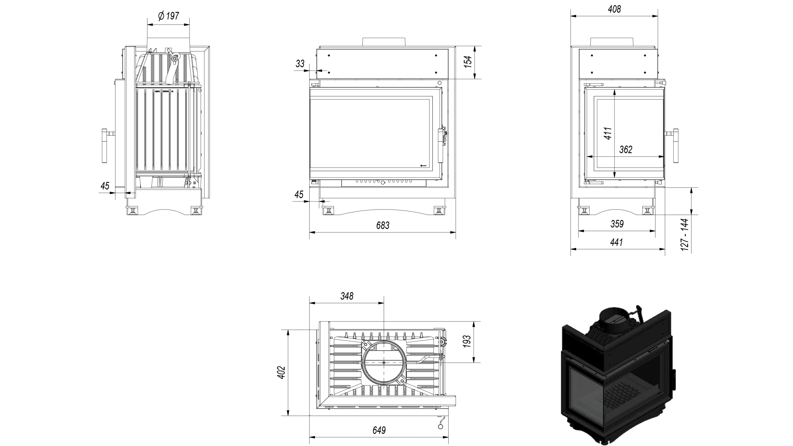 KRATKI Inserto per camino in ghisa a legna MAJA 8 kW Ø200 sinistro A 2 8 kW | Ghisa nero, efficienza 80,1%, classe A. Ecodesign, BImSchV 2.; combustione efficiente; basse emissioni; calore uniforme