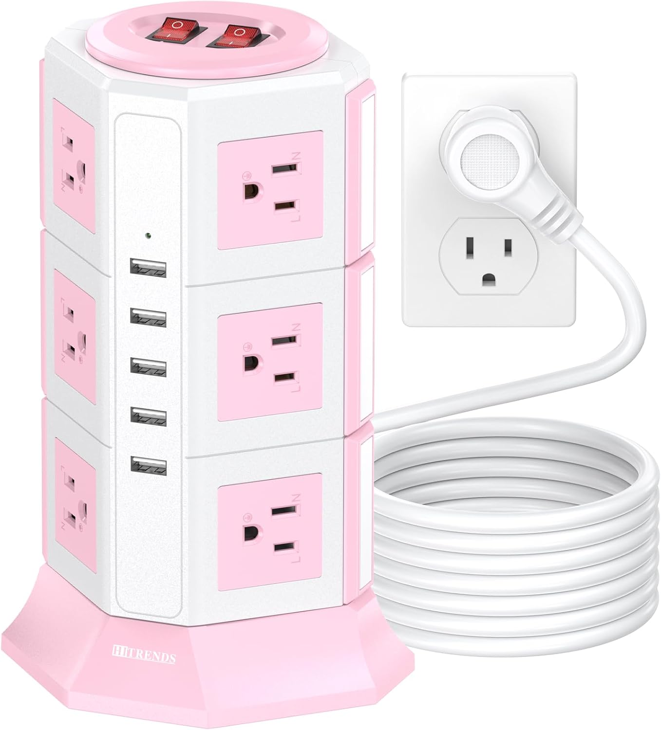 Pink Tower Power Strip with Surge Protection | HITRENDS 12 AC Outlets + 5 USB Ports | 16AWG/ 10 Ft Extension Cord with Multiple Outlets | Space-Saving Design for Office & Home(1625W, 1050J)