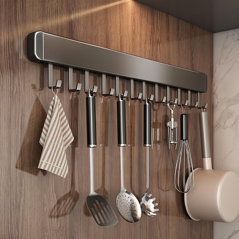 Xyagyund Grey Hanging Pot Rack, Kitchen Utensils Holder,Utensil Hanging Racks Wall Mounted,Self Adhesive Under Cabinet Tools Hanger Organizer Hook Punch For Bathroom(,With 12 Hooks 60Cm)