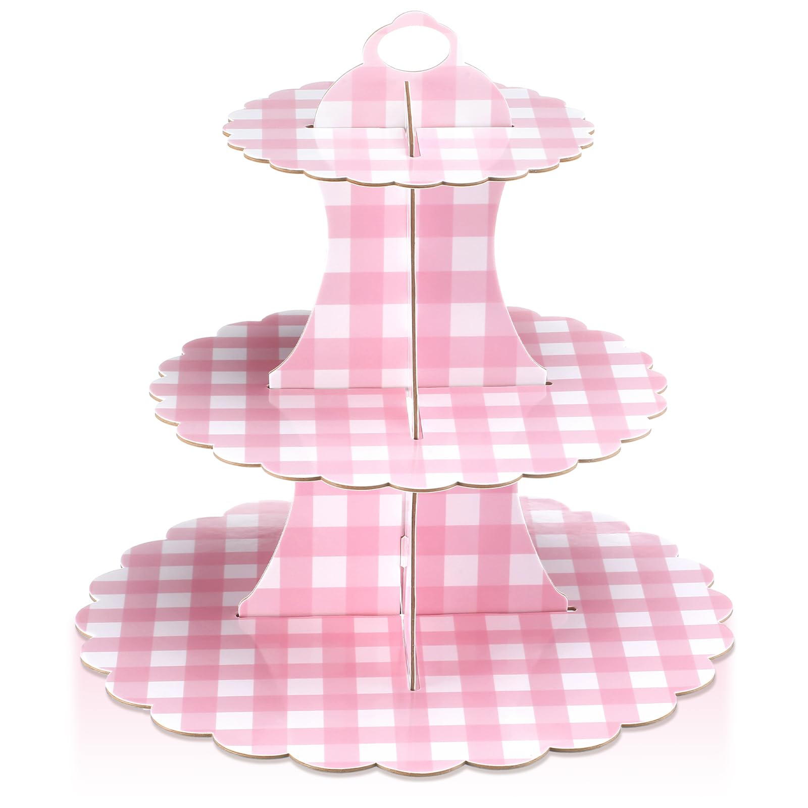 1 Pcs Gingham 3 Tier Cardboard Cupcake Stand Silly Goose Paper Cupcake Stand Tower Tiered Cup Cake Dessert Display Holder for Birthday Baby Shower Party Supplies Decorations (Pink)
