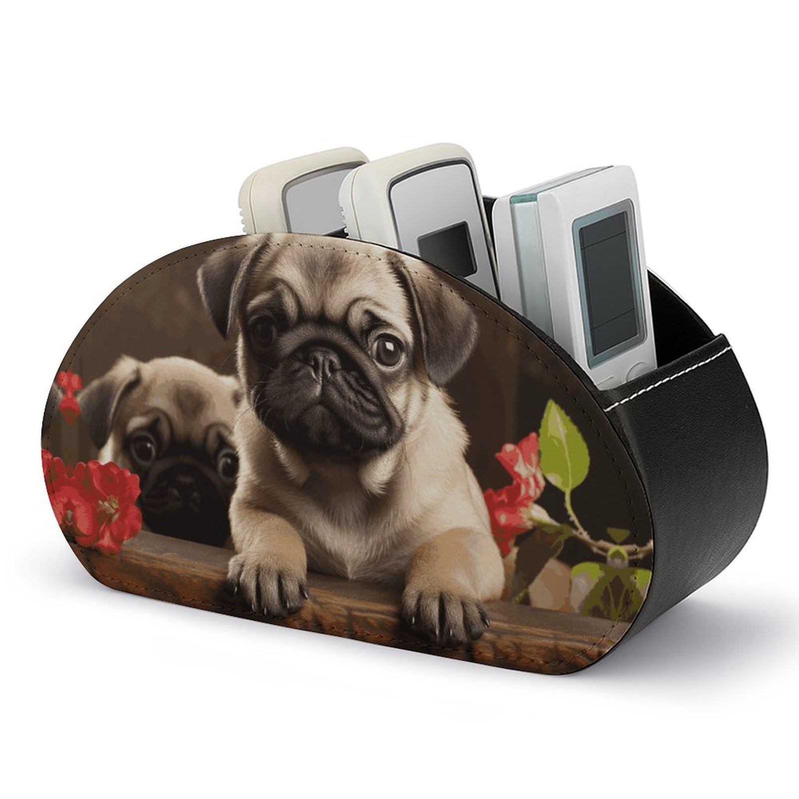 NWTRJ Puppys Pug Remote Control Holders Pu Leather TV Remote Holder with 5 Compartments Desktop Storage Organizers Remote Caddy Box for TV Remotes/Media Controllers/Office Supplies
