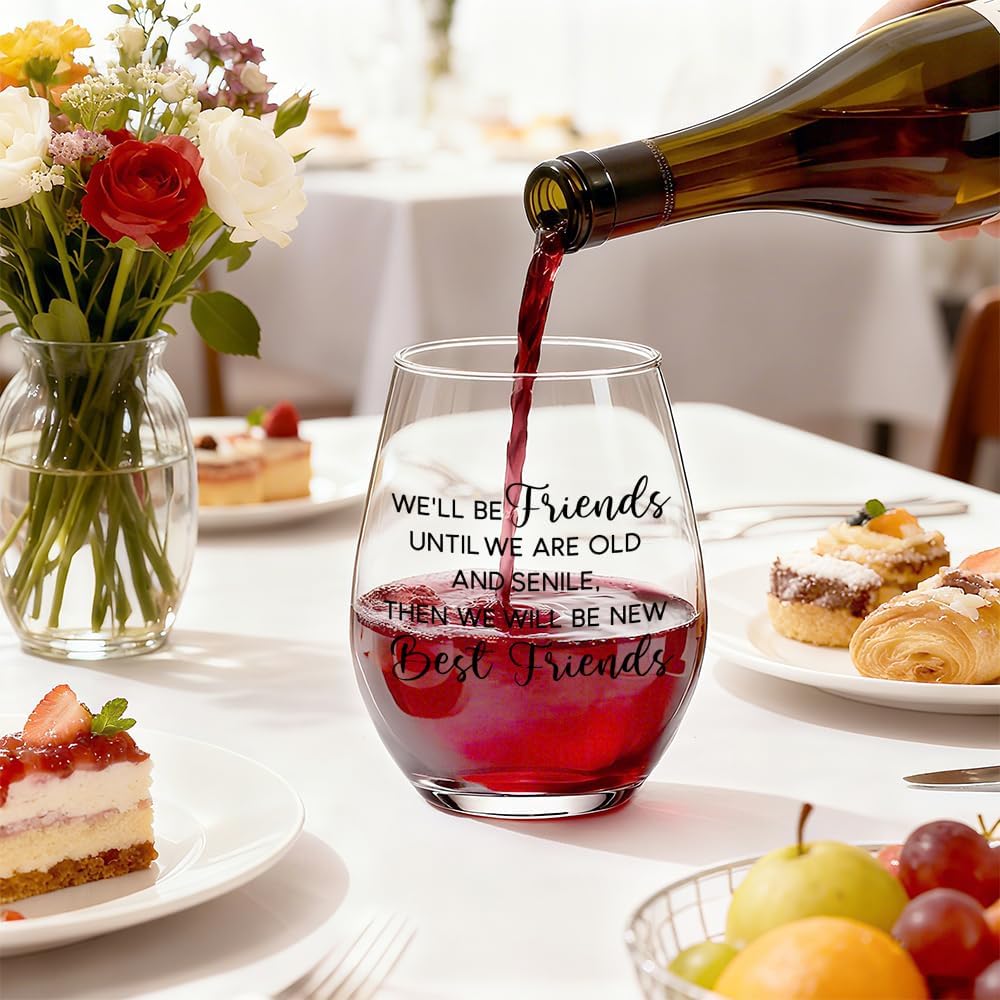 TOUNER We'Ll Be Friends Until We Are Old And Senile Stemless Wine Glass, Funny Friendship Quote Wine Glass Gifts for Women Sister BFF, Thanksgiving Christmas Birthday Gifts for Women Sister Friend - Image 3