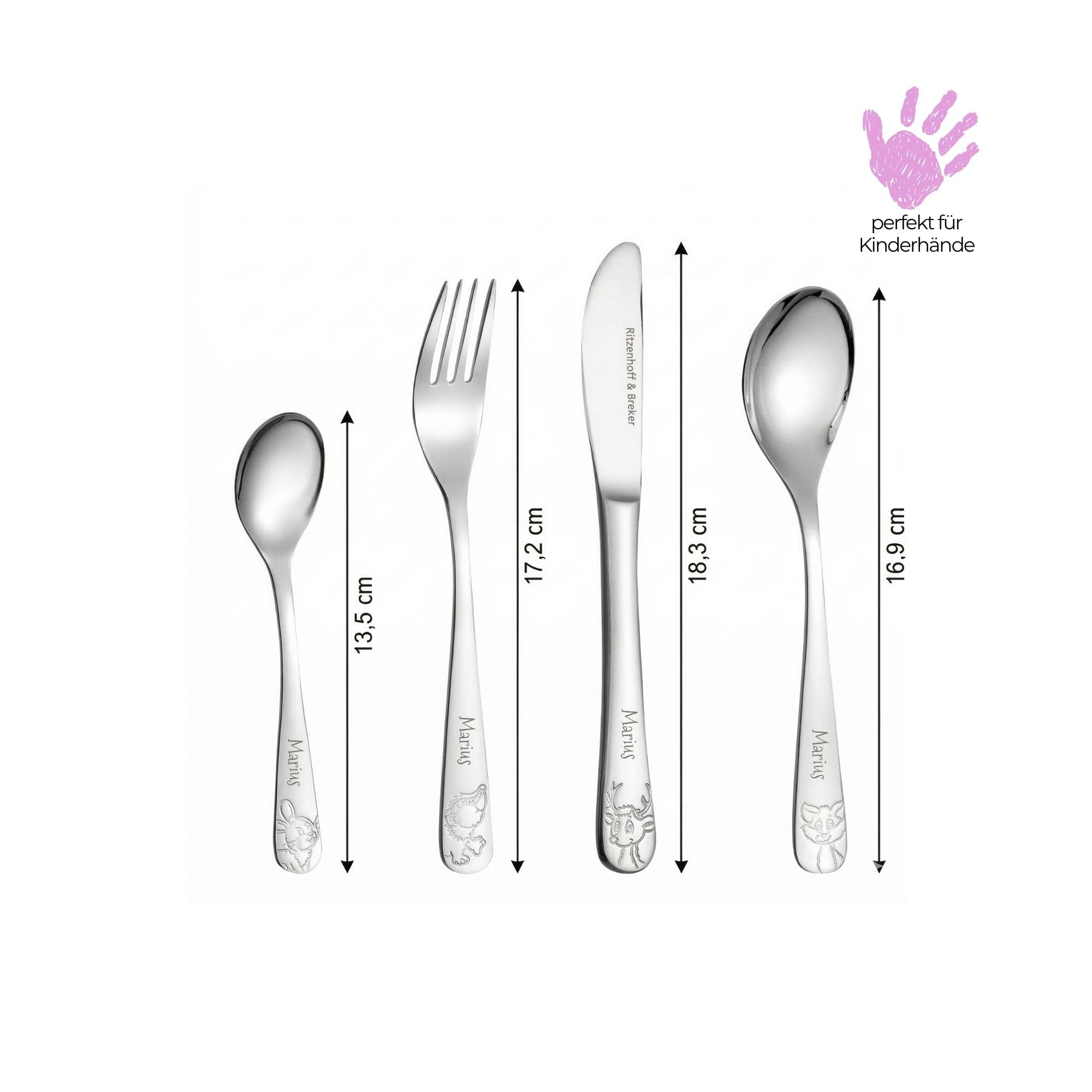 4 tlg.-Kinderbesteck & 3x Gläser mit Gravur, Waldtiere | Personalisiertes Set aus Besteck & 3x Kindergläser (205 ml) mit Namensgravur, Geschenk zur Taufe, Kindergarten & Einschulung