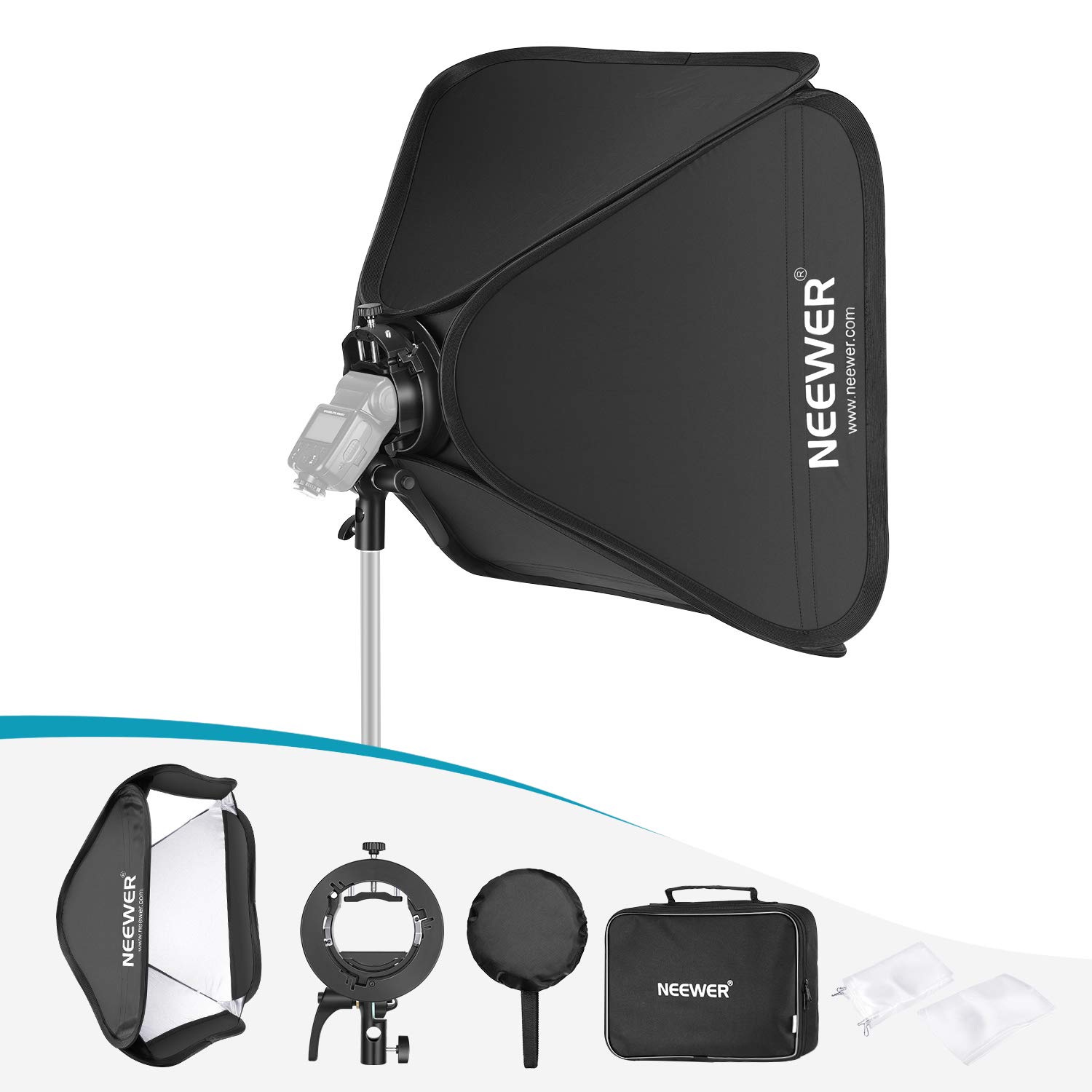 Neewer 32x32inches/80x80cm Bowens Mount Softbox + S2-Type Flash Bracket with Precise Tilt Control and Integrated Umbrella Mount Compatible with Neewer 750II NW670 Godox V1 AD200Pro AD400Pro AD200 etc