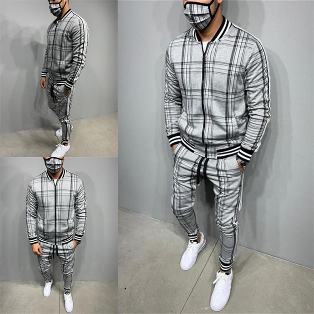Conjuntos de Hombres de Manga Larga con Cuello de Pie y Estampado a Cuadros Cremallera Chaqueta y Pantalones Juego de 2 Piezas Confort Chándal Sets con Bolsillos Traje de Ocio Deporte