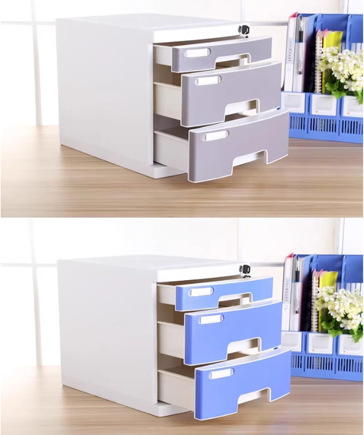 Armario de almacenamiento de plástico, organizador de 3 niveles para documentos A4, soporte de archivos con cerradura para el hogar y la oficina, ideal para organizar suministros y artículos de