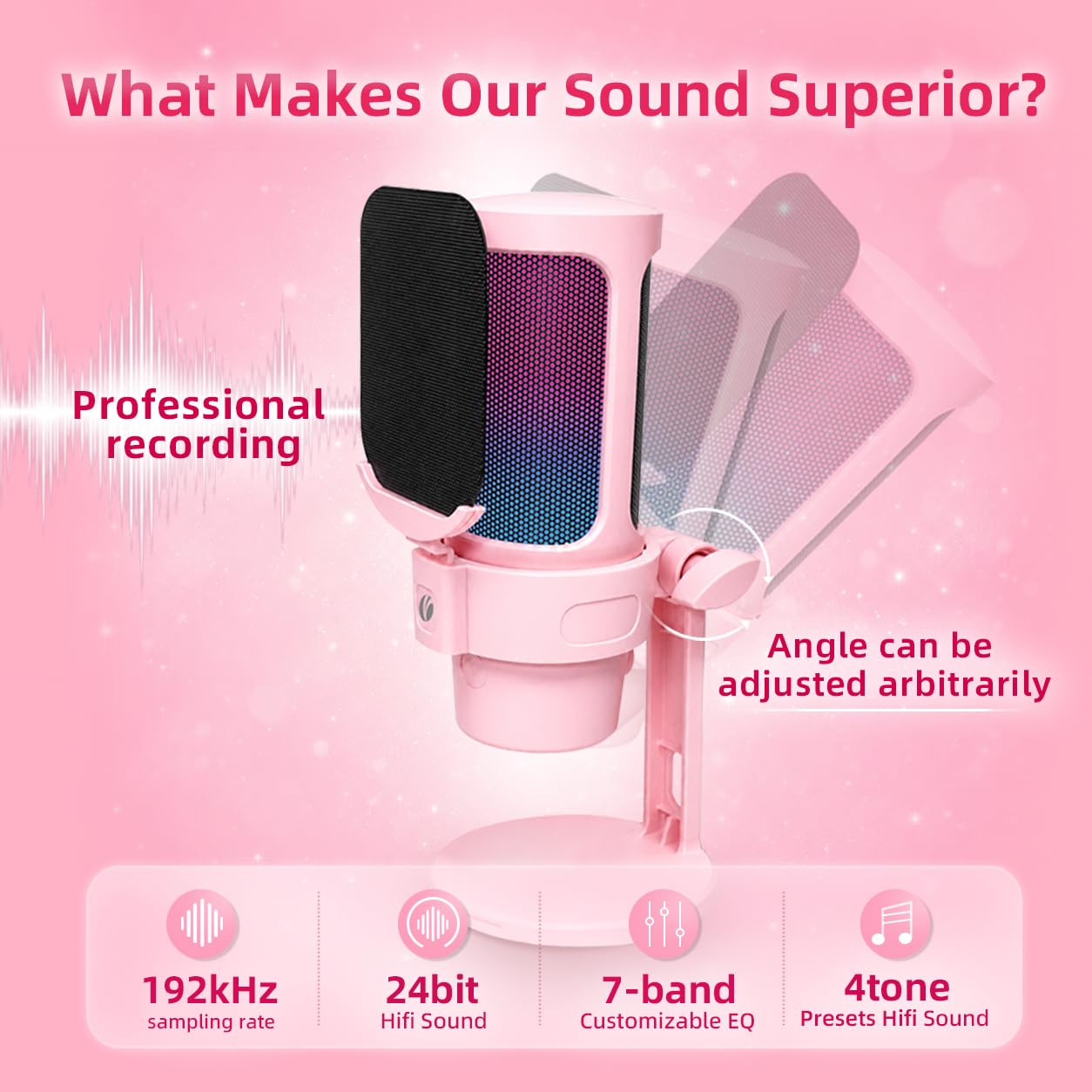 VCOM Microfono USB per PC, microfono da gioco RGB con pulsante mute, filtro pop, supporto antiurto, manopola di guadagno, microfoni a condensatore per giochi, podcast, streaming, registrazione, rosa