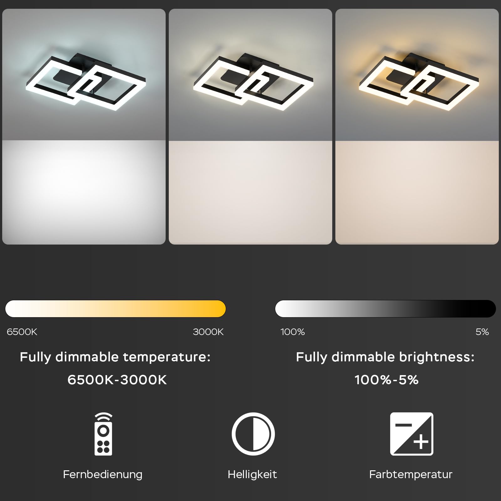 ANTENLICHT Plafoniera LED Soffitto Moderna 20W Dimmerabile con Telecomando 3000-6500K, Funzione di Memoria, Lampada da Soffitto per Camera da letto Sala Cucina Corridoio, Nero 44x28x10cm
